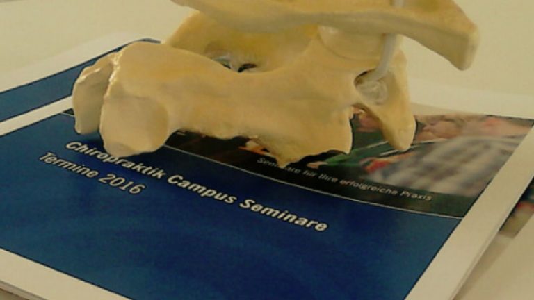Chiropraktik Campus Ein Modell eines Wirbels liegt auf einer Broschüre