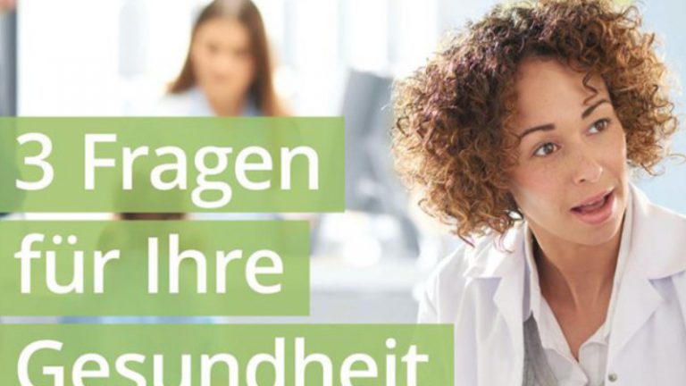 Gesundheitsnetzwerk in Hamburg Frau in Arztkittel, neben ihr der Schriftzug: 3 Fragen für Ihre Gesundheit