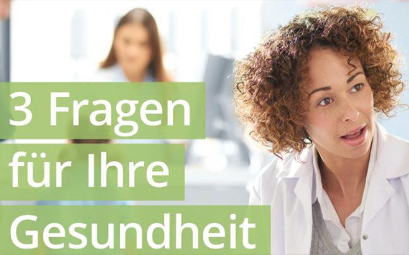 Gesundheitsnetzwerk in Hamburg Frau in Arztkittel, neben ihr der Schriftzug: 3 Fragen für Ihre Gesundheit