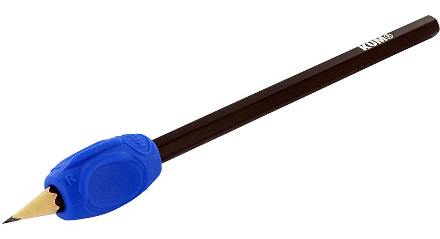 Ein schwarzer Bleistift mit einer blauen Schreibhilfe aus Gummi
