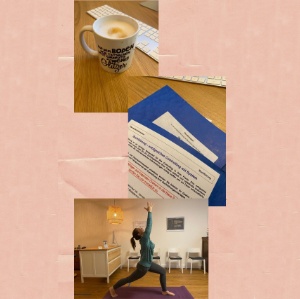 Fotocollage mit einer Tasse Kaffe vor einer Tastatur, ein paar blauer Zettel Marai bei einer Übung im Stehen auf der Matte.