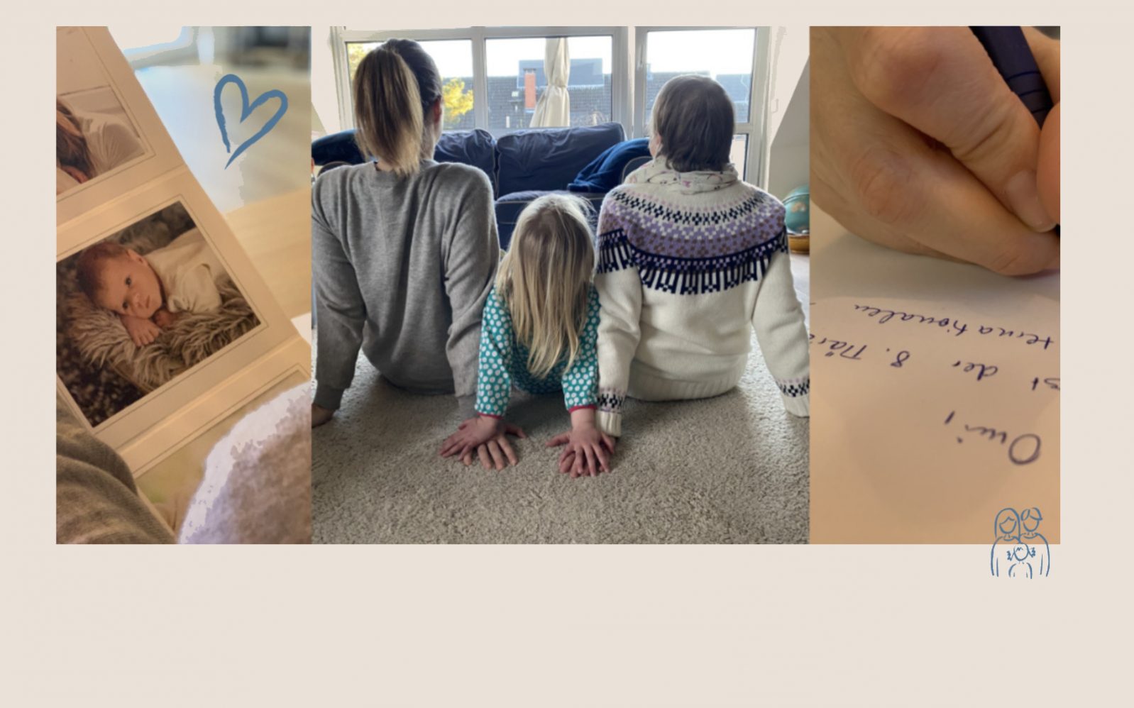 tik_Weltfrauentag_faktwert-header Ein Rahmen mit Babyfotos, Marei Schachschneider und ihren zwei Kindern sitzen auf dem Boden mit den Rücken zu Kamera und eine Großaufnahme von einer Hand beim Briefscheiben.