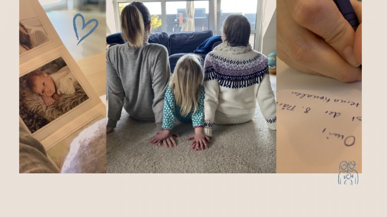 Ein Rahmen mit Babyfotos, Marei Schachschneider und ihren zwei Kindern sitzen auf dem Boden mit den Rücken zu Kamera und eine Großaufnahme von einer Hand beim Briefscheiben.