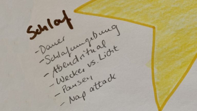 Ecke eines gelben Sterns, daneben geschrieben steht Schlaf - Gesundheitsstern Ecke > Schlaf