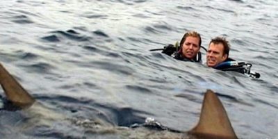 Szene aus dem Film Open Water in der ein Man und eine Frau im Meer sind und vor denen ein Hai schwimmt.