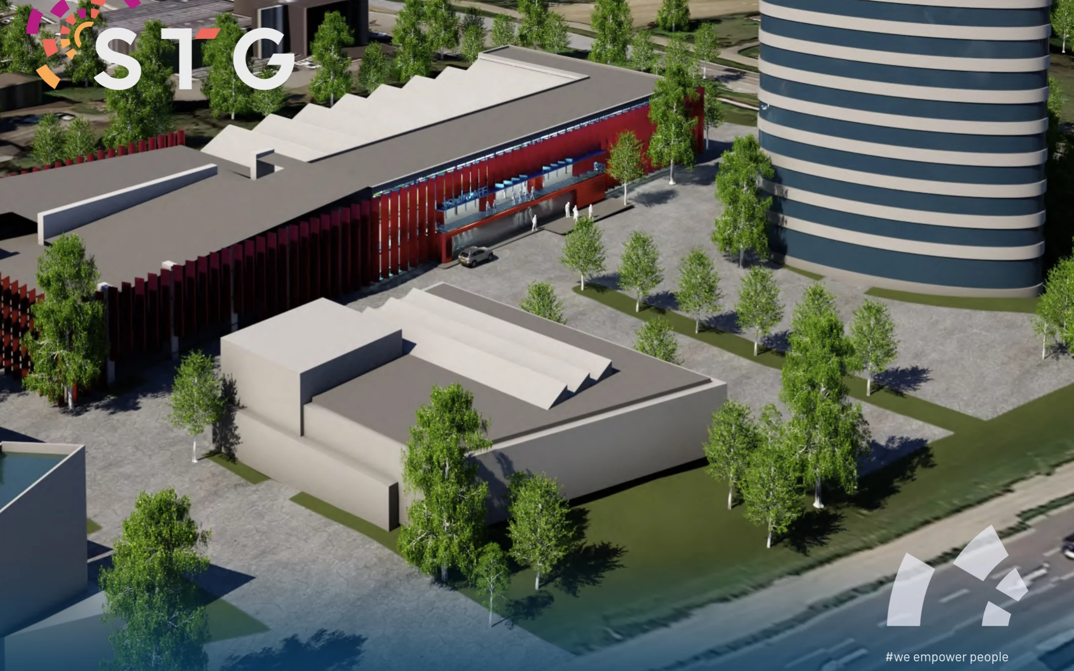 Illustration eines Firmengeländes mit mehreren Gebäuden und Grünflächen