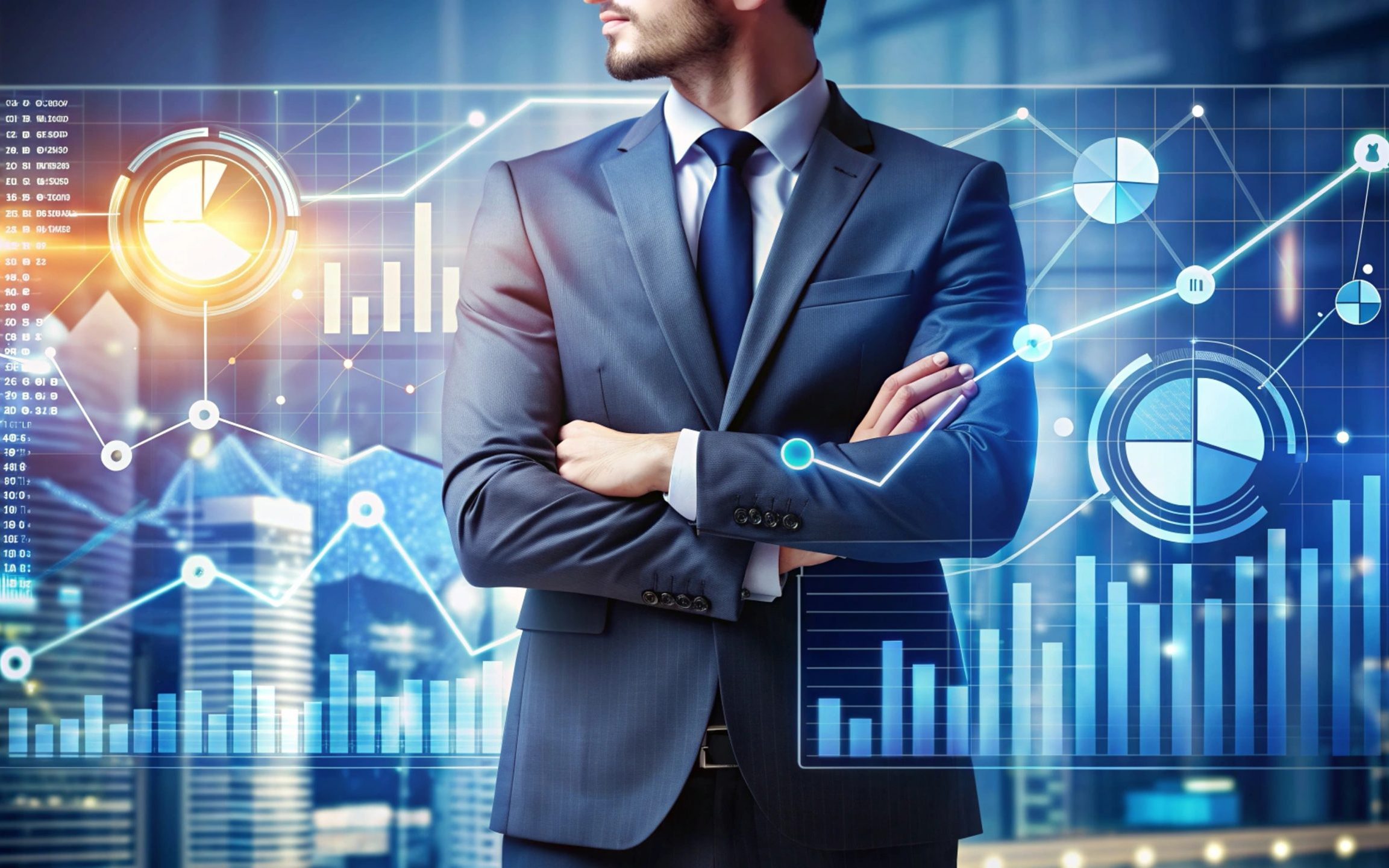 Businessman in front of a city skyline with charts and graphs. databyte vergleicht die Insolvenzen der letzten Jahre. | Bildrechte: freepik/wahyu_t