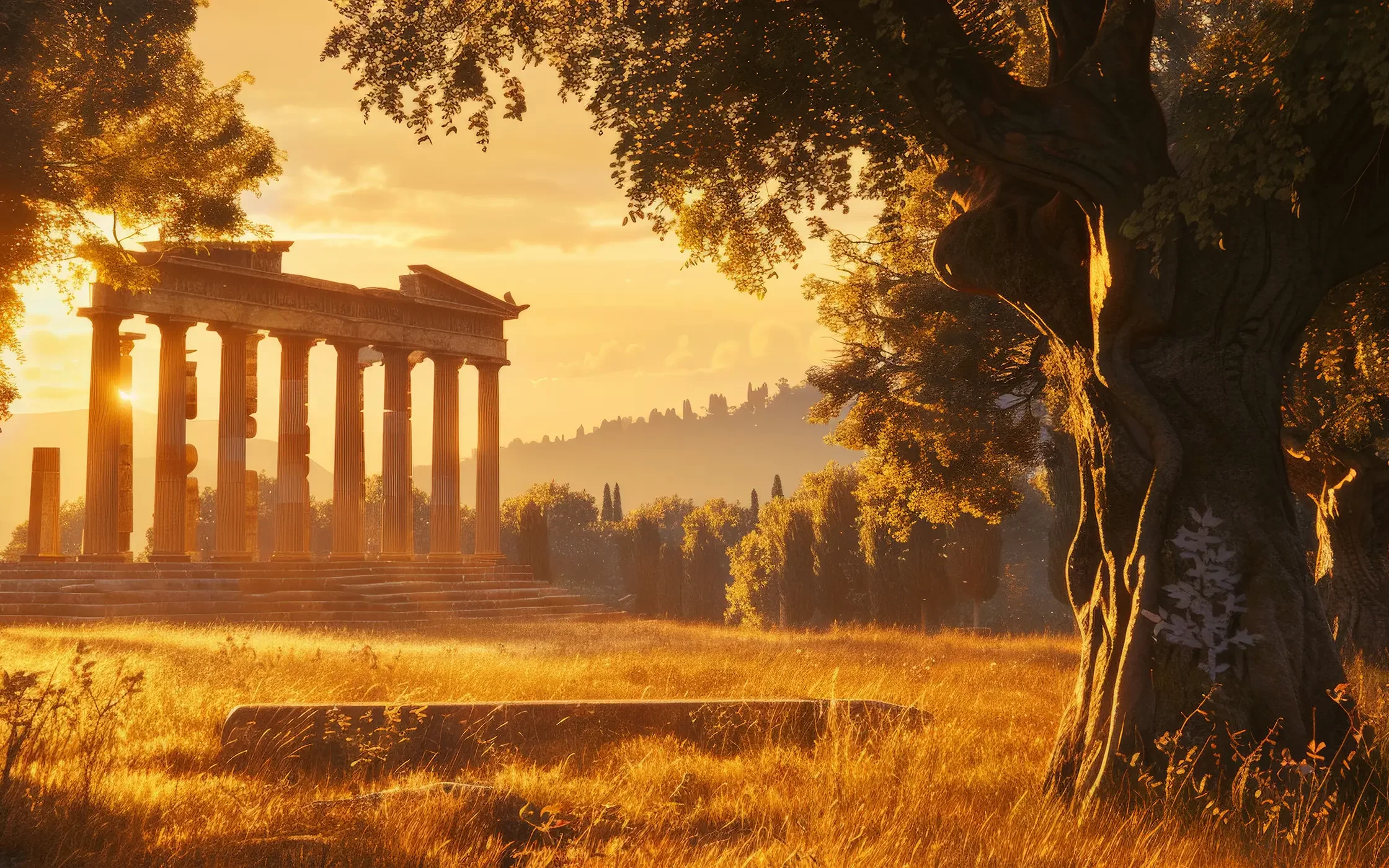 Antike griechisches Gebäude mit Baum Antike griechische Ruine