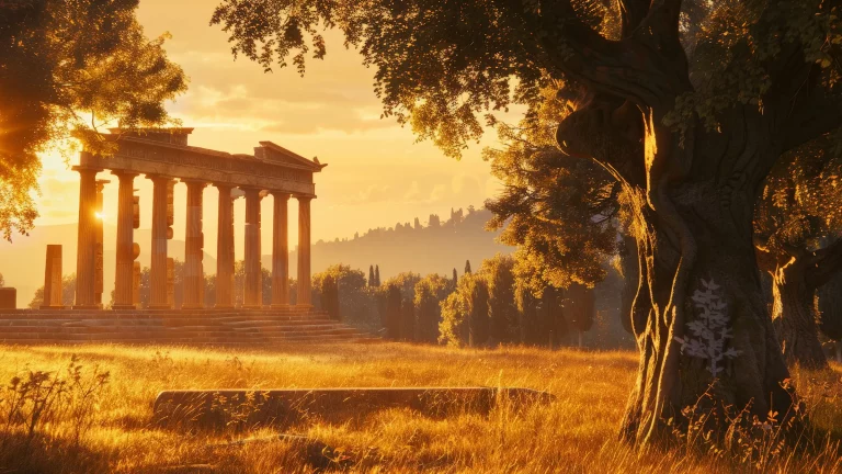 Antike griechisches Gebäude mit Baum Antike griechische Ruine